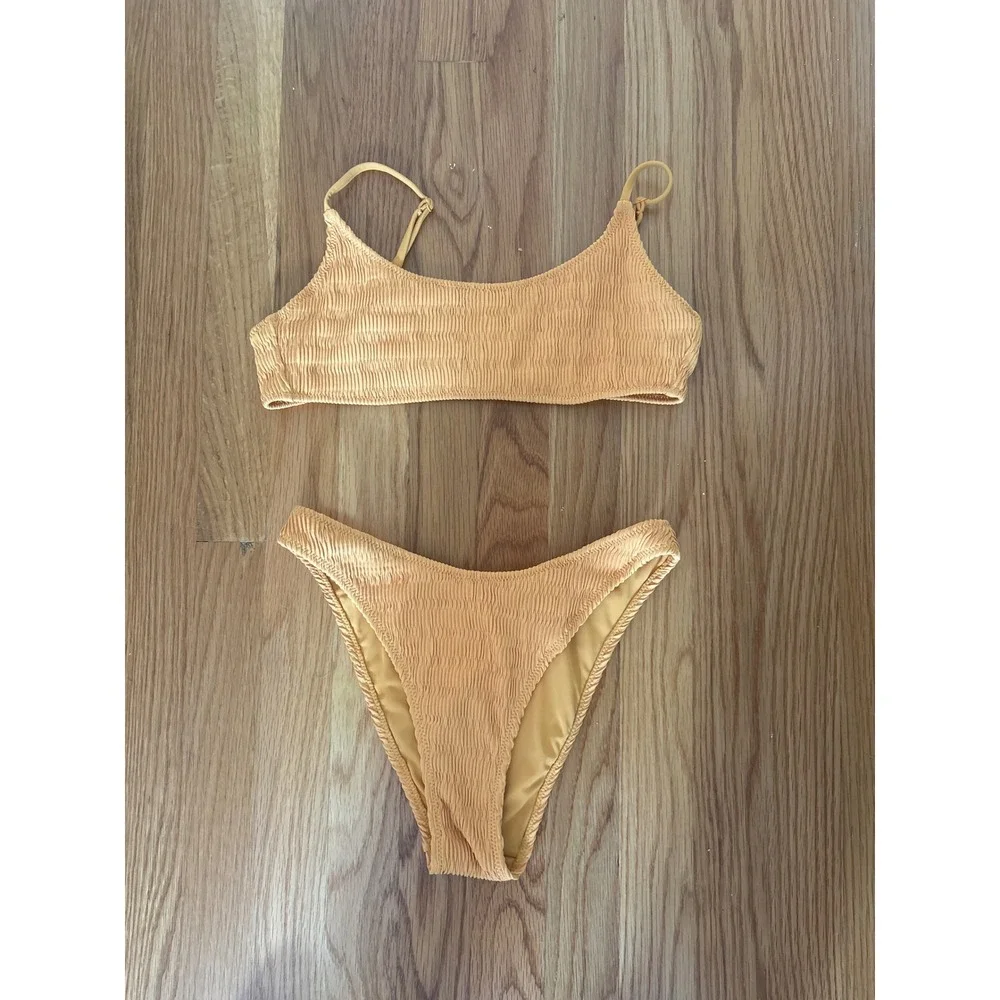 PacSun Swim‎ Eco Mustard Yellow Crinkle Smocked Bikini Set Small Scoop High Cut